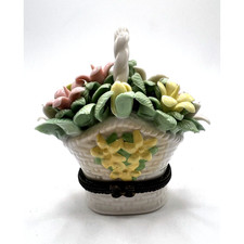 Vintage Unique Handcast Floral Bouquet Basket Trinket Jewelry Box Pastel Colors picture