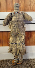 Antique Native American/Sioux  Doll Figure w/ Cloth & Hide Clothing, Beaded Trim picture