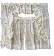 Vintage MCM Retro Floral Cafe Curtains Yellow Brown Kitchen Cottage Ruffle picture