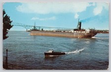 Port Huron Michigan Freighter Ship St. Clair River Bridge 1960 Postcard picture