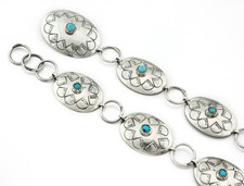 Navajo Concho Belt Sterling Silver Vintage Turquoise Hand Stamped Native C.80's picture