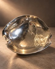 Arthur Court 1977 Cast Aluminum Koi Fish Shell Bowl Carnelian Eye 12 Inch picture