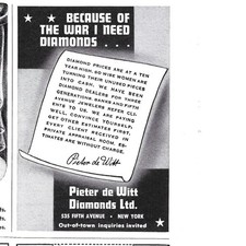 Print Ad Because Of War Need Diamonds Pieter De Witt Vintage WWII 1940s AD picture