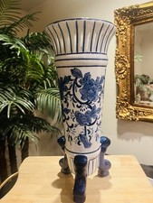 Chinoiserie Hand - Painted Footed Porcelain Vase Blue Floral Pattern Cutout Rim picture