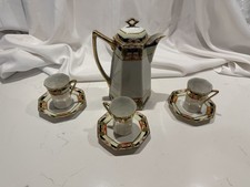 Antique Hand Painted Nippon Chocolate Set Pot 3 Cups Saucers Geometric Gold picture
