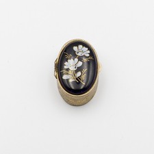 Vintage Trinket/Pill Box Black Deep Blue Enamel Gold Tone Oval Flowers 2 inch picture