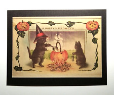 *Halloween* Postcard: Black Cats, Pumpkin Cauldron Vintage Image~Reproduction picture