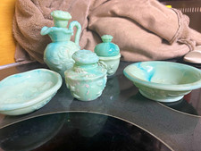 Avon Aqua Blue Milk Glass Vanity Set. 5 pieces very nice shape Vintage Avon picture