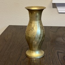 Vtg Brass Flower Bud Vase 6.5” Fluted MCM Patina Urn Ribbed Rustic Boho Decor picture