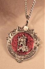 Striking Festooned St. Christopher Small Red Glittery Finish Medal Necklace picture