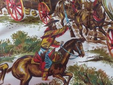 2pc Old Cowboys & Indians Stagecoach Barkcloth Fabric Perfect 4 Pillows #6 picture