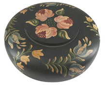 Vintage Hand painted Floral Brooch Jewelry Trinket Round Wooden Box Handmade 7