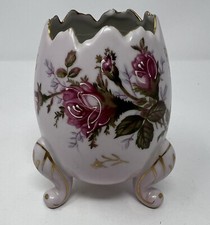 Vintage Napco Cracked Egg Vase 5” Pink Floral Footed Easter Gold Trimmed Japan picture