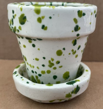 Vintage MCM Ceramic Green / White Drip Glaze Mini Miniature Flower Pot picture