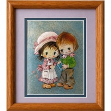 Framed Foil Art Boy Girl Print 10x12 Nursery Cottage Wall Decor Oak Frame Vtg picture