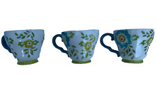 Dutch Wax 3 Coffee Mugs Footed Hand Painted Ceramic Green Blue Floral picture