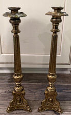 ~PAIR OF ANTIQUE FRENCH BRASS MARY JESUS & JOSEPH CANDLE STICKS 16 1/2