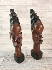 Vintage African Tribal Head Bust Hand Carved His And Her Wood Sculpture  picture