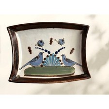 Vintage Tonalá Pottery Tray | Hand Painted Blue Birds, Folk Art Ceramic Catchall picture