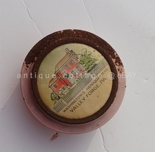 vintage VALLEY FORGE SEWING TIN w CONTENTS thread needle CELLULOID picture