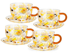 STPGOODS Honey Bee Glass Teacup with Saucer Set Of 4 [4 x 12 oz ea] Tea Cup Set picture