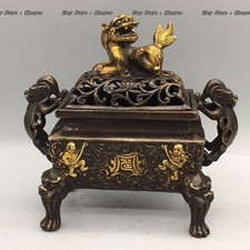 Antique Ming Dynasty Gilt Bronze Square Censer - Lion Top Incense Burner 5.9