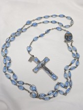 Vintage 1958 Lourdes Centennial Blue Bubble Bead Rosary Alpaca Metal Tin Tag picture
