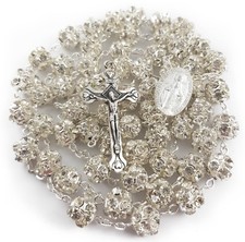 White Clear Zircon Crystal Beads Rosary Catholic Necklace Miraculous Medal Cross picture