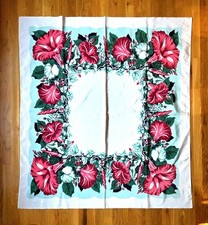 Vintage California Hand Prints Tablecloth 46x52 Red Green White Morning Glories picture