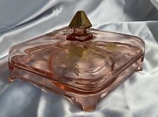 Vintage Pink Depression Glass Vanity or Shaving Tray with Lid & Gold Roses picture