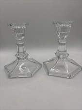 Vintage Pair Of Hexagonal Clear Lead Crystal Candlestick Holders 5Hx4L picture