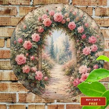 Pink Roses Green Foliage Round Tin Sign Elegant Garden Floral Home Art Plaque picture