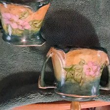 Antique  RS Germany  Hand Painted Cream and Sugar Set Green Floral Gold Trim  picture