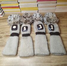 Set 4 VIntage Beige Pom Pom Knit Golf Head Covers 1, 3, 5, and a dot picture