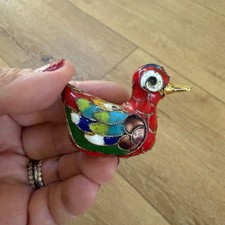 Vintage Chinese Cloisonne Enamel Duck Figurine Red Miniature Bird Filigree 1.75