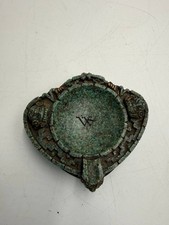 Vintage Aztec Mayan Style Stone Ashtray Carved Faces Green Patina Decor picture