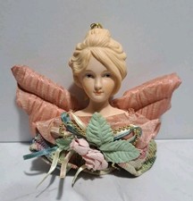 Vintage Victorian Style Bisque Angel Head/ Bust Ornament Fabric Wings picture