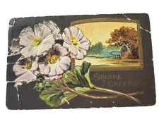 Sincere Greetings, Purple Flowers, Country Scene, Vintage Embossed Postcard picture