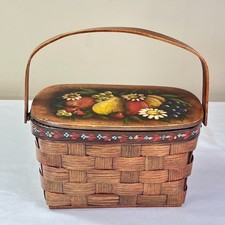 Vintage BASKETVILLE Vermont Hand Painted Fruit Wood Basket Purse Lined Folk Art picture