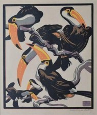 Toucans Norbertine Bresslern-Roth Linocut Print Austrian Art Deco Birds Exotic picture