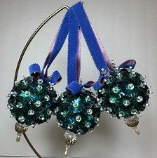Lot 3 Vtg MCM Sequin Velvet Beaded Push Pin Round Handmade Christmas Ornaments picture