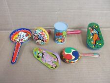 Lot of 6 Vintage Tin Litho Mixed Noise Makers 1950s    A picture