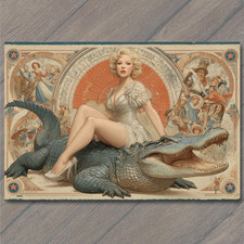 POSTCARD Woman Alligator White Dress Retro Circus Surreal Funny Carnival Style picture