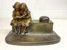 Antique 19th century bronze twin sisters book desk inkwell writing stand statue picture