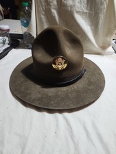 Vtg US ARMY Campaign Hat  Olive Drab Felt Drill Sergeant Montana Peak W/Strap picture