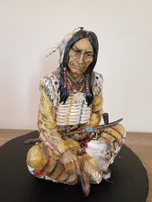 Vtg 11” Poly resin Indian Chief Sitting Statue Native American Figurine & Pipe picture