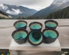 Libbey Hakone Stoneware 2oz Sake Cup 6 Piece Set Black Turquoise World Tableware picture