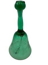 Vintage Green Glass Hand Bell With Etched Floral Pattern & Abstract Design picture