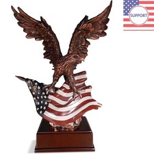 Detailed Bronze Eagle Sculpture 7”x10” with American Flag - Patriotic Home Decor picture