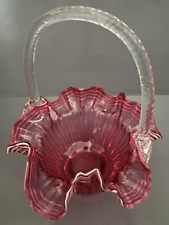 Fenton Cranberry Glass White Ribbon Candy Basket Ruffle Edge Twist Handle VTG picture